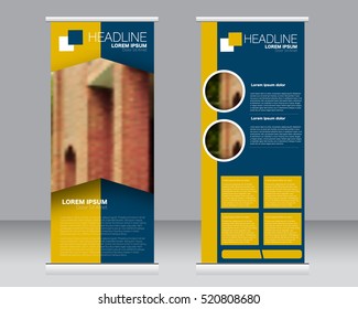 Roll up banner stand template. Abstract background for design,  business, education, advertisement.  Vector  illustration. Blue and yellow color.