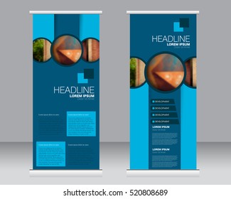 Roll up banner stand template. Abstract background for design,  business, education, advertisement.  Vector  illustration. Blue color.