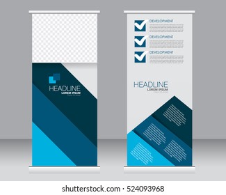 Roll up banner stand template. Abstract background for design,  business, education, advertisement.  Vector  illustration. Blue color.