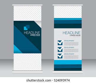 Roll up banner stand template. Abstract background for design,  business, education, advertisement.  Vector  illustration. Blue color.