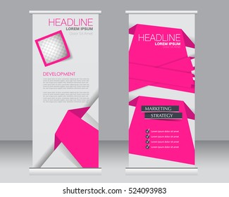 Roll up banner stand template. Abstract background for design,  business, education, advertisement.  Vector  illustration. Pink color.