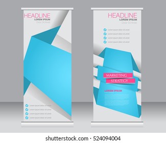 Roll up banner stand template. Abstract background for design,  business, education, advertisement.  Vector  illustration. Blue color.