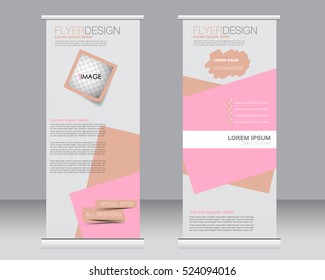 Roll up banner stand template. Abstract background for design,  business, education, advertisement.  Vector  illustration. Pink color.