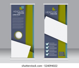 Roll up banner stand template. Abstract background for design,  business, education, advertisement.  Vector  illustration. Blue and green color.