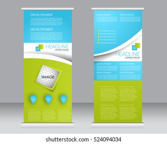Roll up banner stand template. Abstract background for design,  business, education, advertisement.  Vector  illustration. Blue and green color.