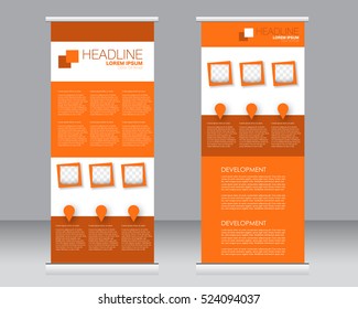 Roll up banner stand template. Abstract background for design,  business, education, advertisement.  Vector  illustration. Orange color.