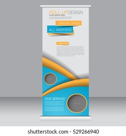 Roll up banner stand template. Abstract background for design,  business, education, advertisement. Blue and orange color. Vector  illustration.