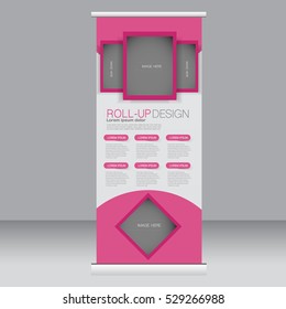 Roll up banner stand template. Abstract background for design,  business, education, advertisement. Pink color. Vector  illustration.