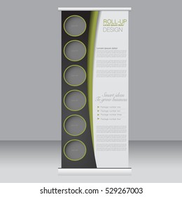 Roll up banner stand template. Abstract background for design,  business, education, advertisement. Black and green color. Vector  illustration.