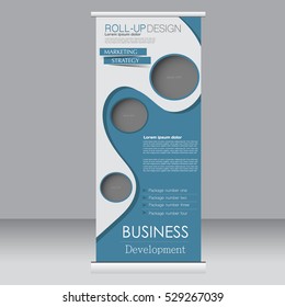 Roll up banner stand template. Abstract background for design,  business, education, advertisement. Blue color. Vector  illustration.