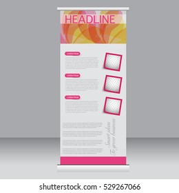 Roll up banner stand template. Abstract background for design,  business, education, advertisement. Pink and orange color. Vector  illustration.