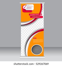 Roll up banner stand template. Abstract background for design,  business, education, advertisement. Pink and orange color. Vector  illustration.