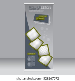 Roll Up Banner Stand Template. Abstract Background For Design,  Business, Education, Advertisement. Green Color. Vector  Illustration.