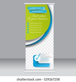 Roll up banner stand template. Abstract background for design,  business, education, advertisement. Green and blue color. Vector  illustration