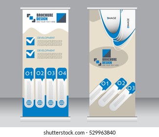 Roll up banner stand template. Abstract background for design,  business, education, advertisement.  Vector  illustration. Blue color