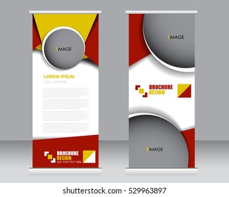 Roll up banner stand template. Abstract background for design,  business, education, advertisement.  Red and yellow color. Vector  illustration.