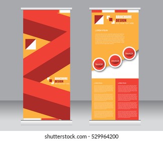 Roll up banner stand template. Abstract background for design,  business, education, advertisement.  Red and orange color. Vector  illustration.