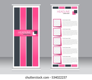Roll up banner stand template. Abstract background for design,  business, education, advertisement.  Vector  illustration. Black and pink color