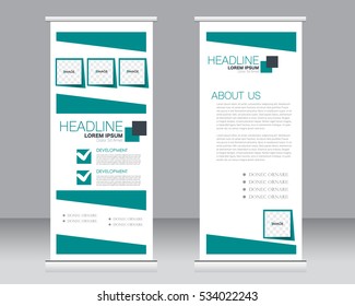 Roll up banner stand template. Abstract background for design,  business, education, advertisement.  Vector  illustration. Green color