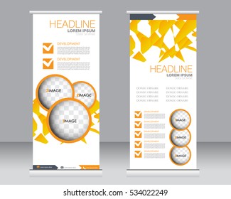 Roll up banner stand template. Abstract background for design,  business, education, advertisement.  Vector  illustration.  Orange color