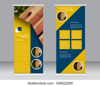 Roll up banner stand template. Abstract background for design,  business, education, advertisement.  Vector  illustration.  Blue and yellow color