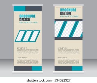 Roll up banner stand template. Abstract background for design,  business, education, advertisement.  Vector  illustration.  Blue color