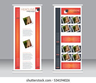 Roll up banner stand template. Abstract background for design,  business, education, advertisement.  Vector  illustration.  Orange color.