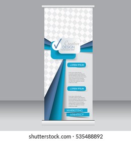 Roll up banner stand template. Abstract background for design,  business, education, advertisement. Blue color. Vector  illustration.
