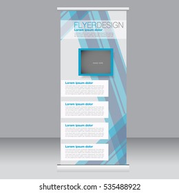 Roll up banner stand template. Abstract background for design,  business, education, advertisement. Blue color. Vector  illustration.