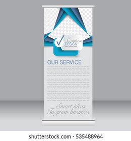 Roll up banner stand template. Abstract background for design,  business, education, advertisement. Blue color. Vector  illustration.