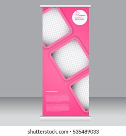 Roll up banner stand template. Abstract background for design,  business, education, advertisement. Pink color. Vector  illustration.