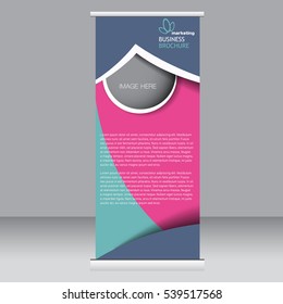 Roll up banner stand template. Abstract background for design,  business, education, advertisement. Pink, green, and blue color. Vector  illustration
