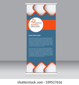Roll up banner stand template. Abstract background for design,  business, education, advertisement. Blue and orange color. Vector  illustration