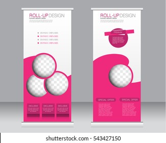 Roll up banner stand template. Abstract background for design,  business, education, advertisement.  Pink color. Vector  illustration.
