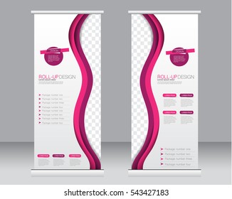 Roll up banner stand template. Abstract background for design,  business, education, advertisement.  Pink color. Vector  illustration.