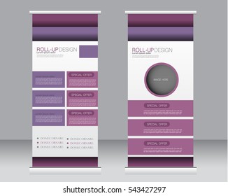 Roll up banner stand template. Abstract background for design,  business, education, advertisement.  Purple color. Vector  illustration.