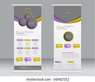Roll up banner stand template. Abstract background for design,  business, education, advertisement.  Purple and yellow