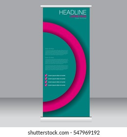 Roll up banner stand template. Abstract background for design,  business, education, advertisement. Green and pink color. Vector  illustration.