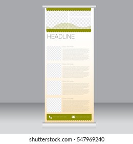 Roll up banner stand template. Abstract background for design,  business, education, advertisement. Green color. Vector  illustration.