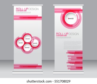 Roll up banner stand template. Abstract background for design,  business, education, advertisement.  Vector  illustration. Pink color