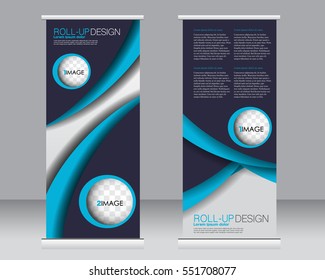 Roll up banner stand template. Abstract background for design,  business, education, advertisement.  Vector  illustration. Blue color