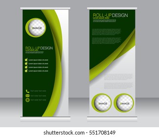 Roll up banner stand template. Abstract background for design,  business, education, advertisement.  Vector  illustration. Green color