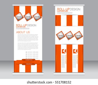 Roll up banner stand template. Abstract background for design,  business, education, advertisement.  Vector  illustration.  Orange color