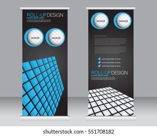 Roll up banner stand template. Abstract background for design,  business, education, advertisement.  Vector  illustration. Black and blue color