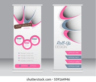 Roll up banner stand template. Abstract background for design,  business, education, advertisement.  Grey and pink color. Vector  illustration
