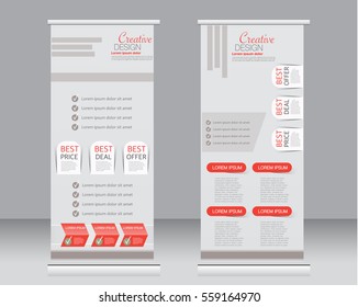 Roll up banner stand template. Abstract background for design,  business, education, advertisement.  Orange color. Vector  illustration