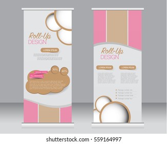 Roll up banner stand template. Abstract background for design,  business, education, advertisement.  Pink and brown color. Vector  illustration