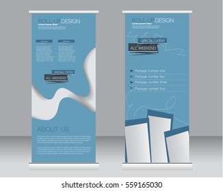 Roll up banner stand template. Abstract background for design,  business, education, advertisement.  Blue color. Vector  illustration