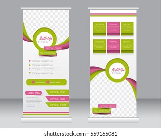 Roll up banner stand template. Abstract background for design,  business, education, advertisement.  Green and pink color. Vector  illustration