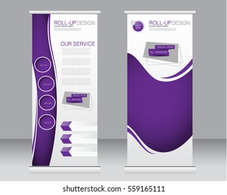 Roll up banner stand template. Abstract background for design,  business, education, advertisement.  Purple color. Vector  illustration